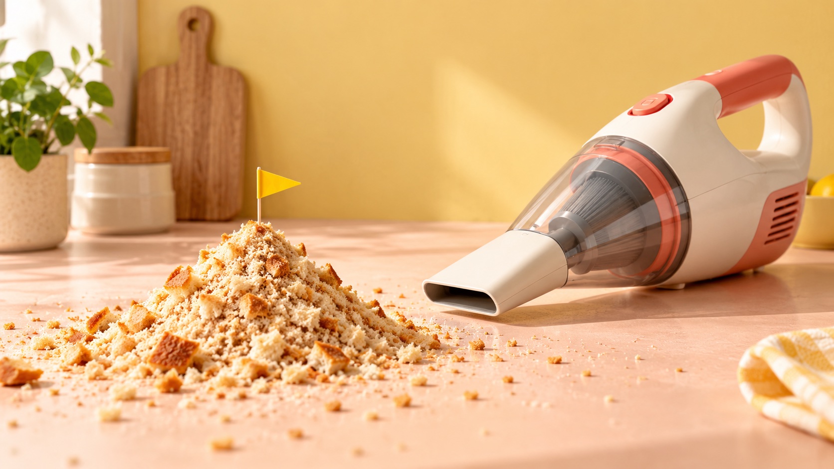 A miniature flag on a mountain of toast crumbs, with a handheld vacuum beside it.
