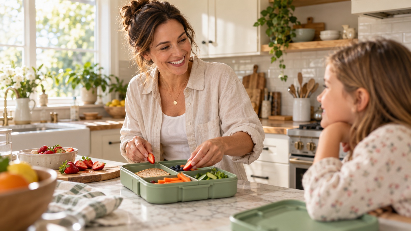 Mother and child preparing a colorful lunchbox together in a sunlit kitchen.