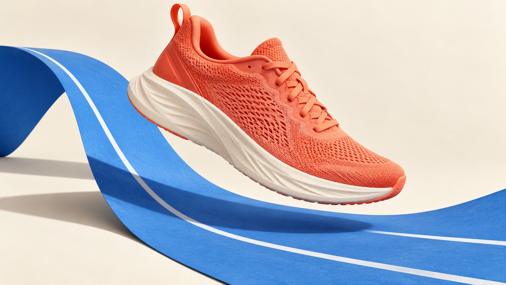Coral running shoe suspended over a sculptural blue paper track.